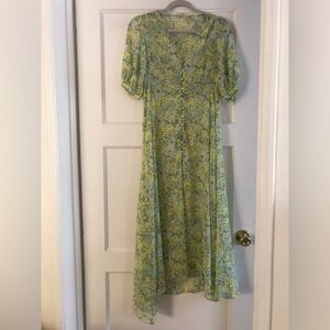 MANGO sheer maxi prairie dress. XS blue/green florals